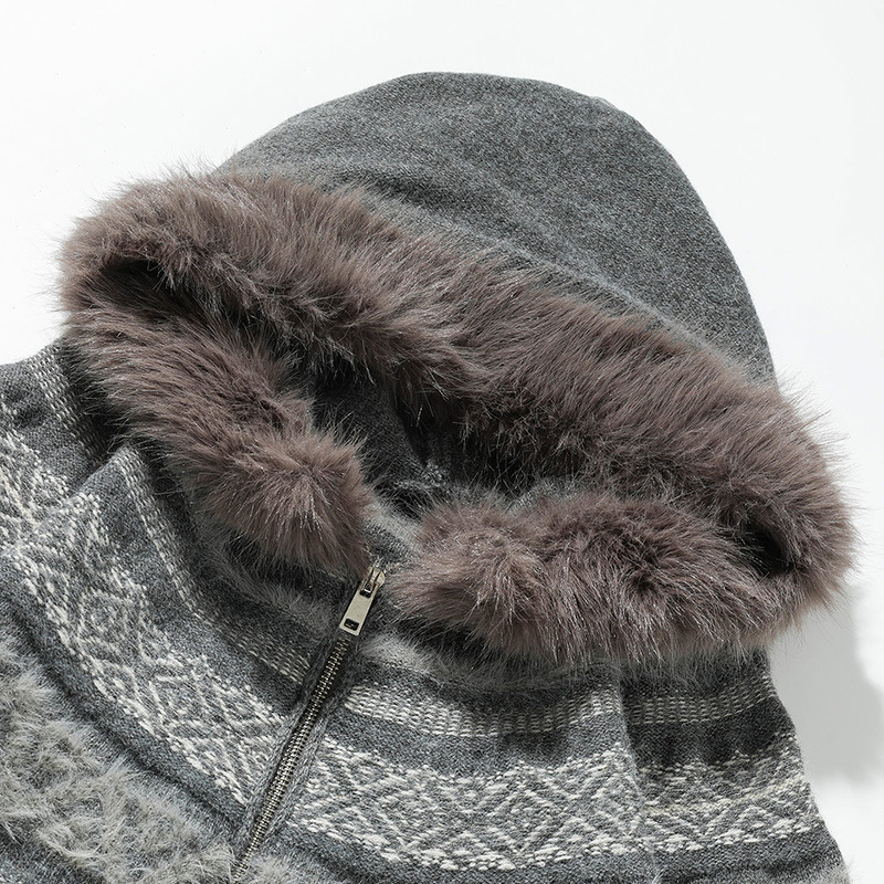 Matching Oversized Furry Trim Jacquard Knit Overcoat