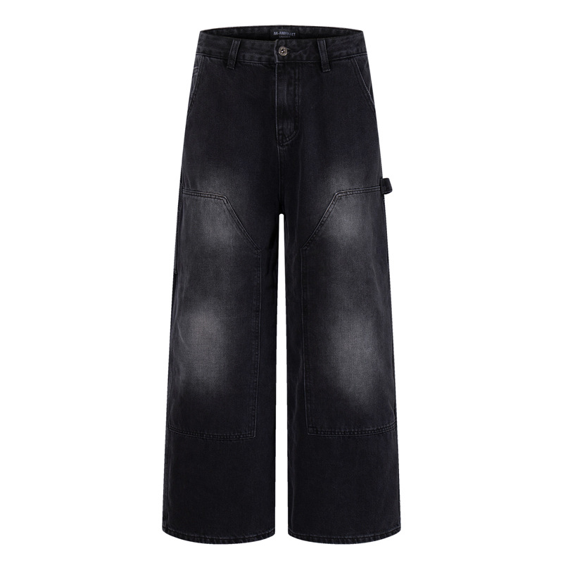 Loose Washed Multi-Pocket Straight Leg Wide Leg Jeans Unisex Loose Versatile Drapey Long Pants