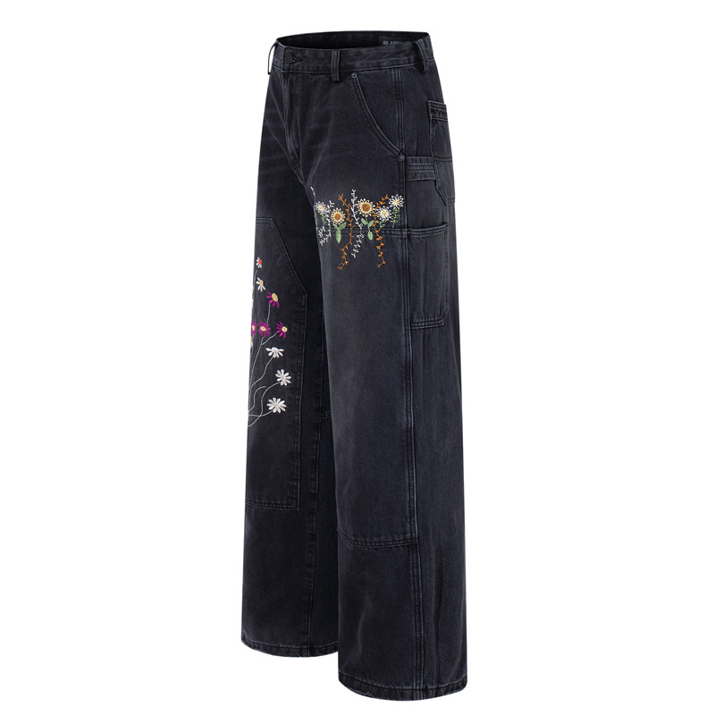 Casual Knife-Edge Pants for Men, Loose Straight-Leg Patchwork Denim Pants, Embroidered Wide-Leg Long Pants