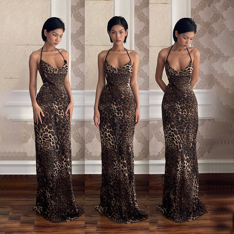 Hooded Sleeveless Leopard Print Open Back Polyester Dress