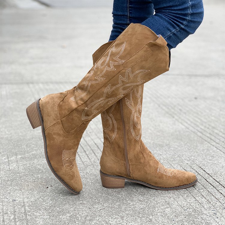 Brown thick heeled mid calf knight boots short boots Western cowboy