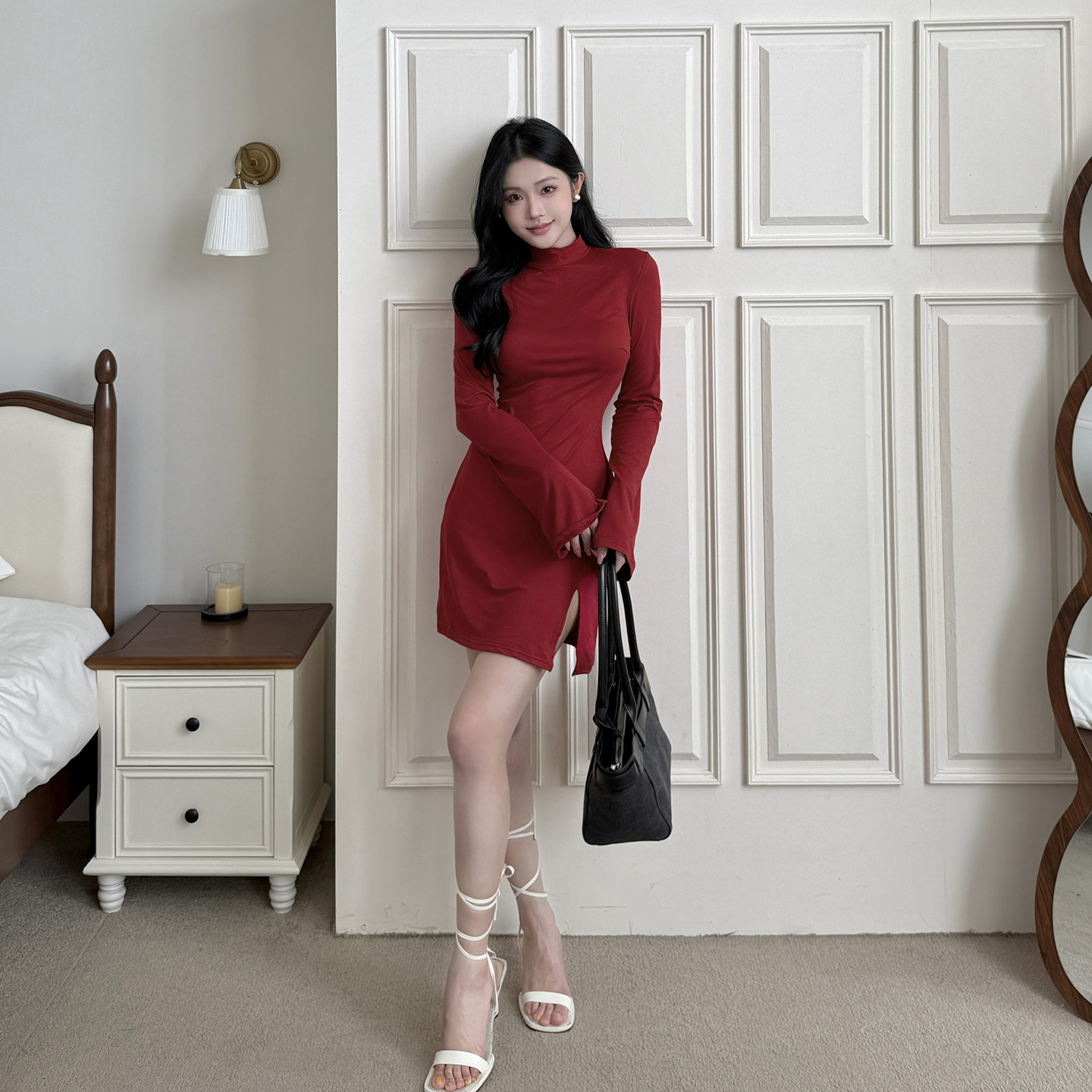 Mock Collar Solid Split Hem Bodycon Dress