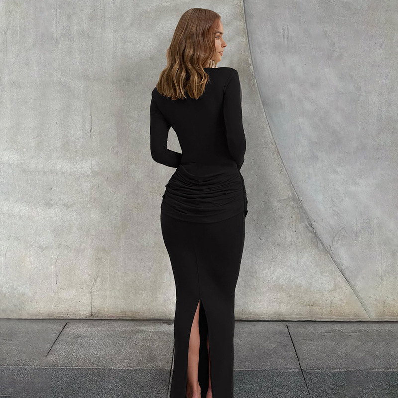 Stretch High-Waist Gathered Full Sleeve Dress