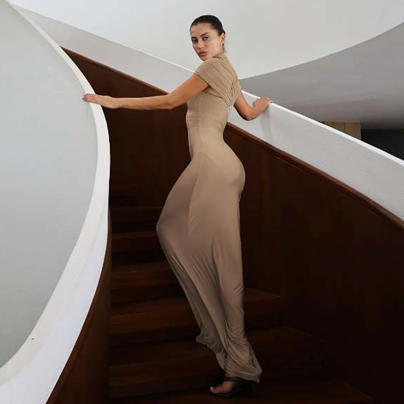 Sleeveless Stand Collar Cutout Pleated Waist-Defined Bodycon Dress