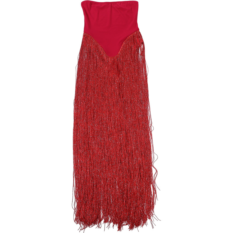 Raised-Waist Open Back Bandeau Fitted Tassel Jumpsuit