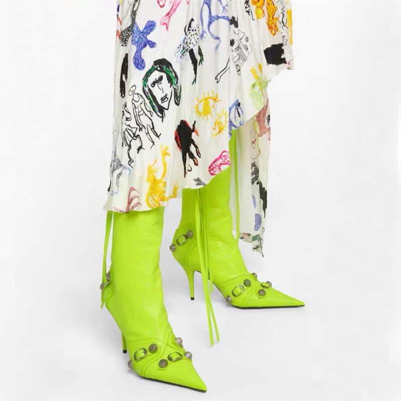 Women's Autumn and Winter Pointed Toe Metal Buckle Zipper Knee Boots Stiletto Rivet High Heels Luxury Shoes