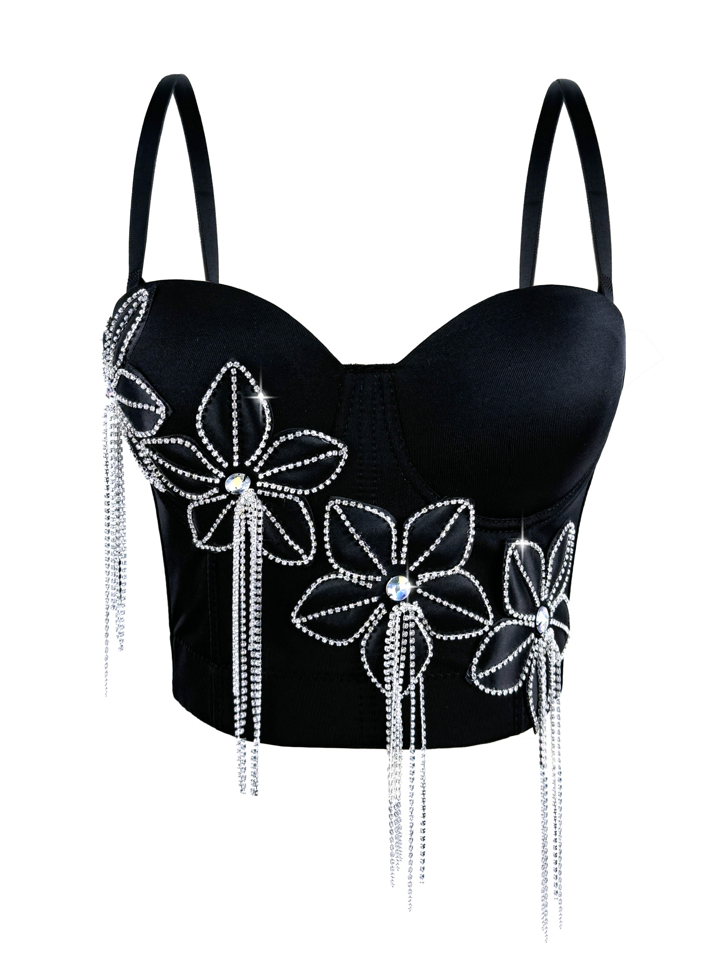 Floral Rhinestone Chain Tassel Boned Bustier Heavy Embroidery Fitted Strapless Camisole Outerwear Sexy Boned Top