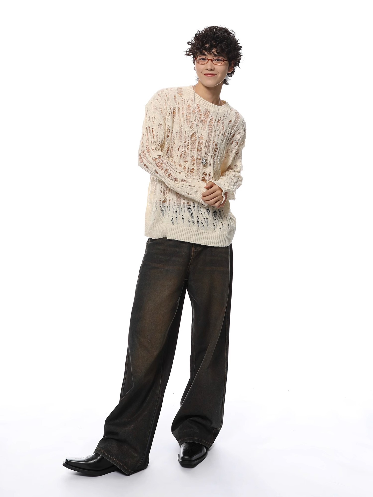 Polyester Open Mesh Crew Neck Sweater