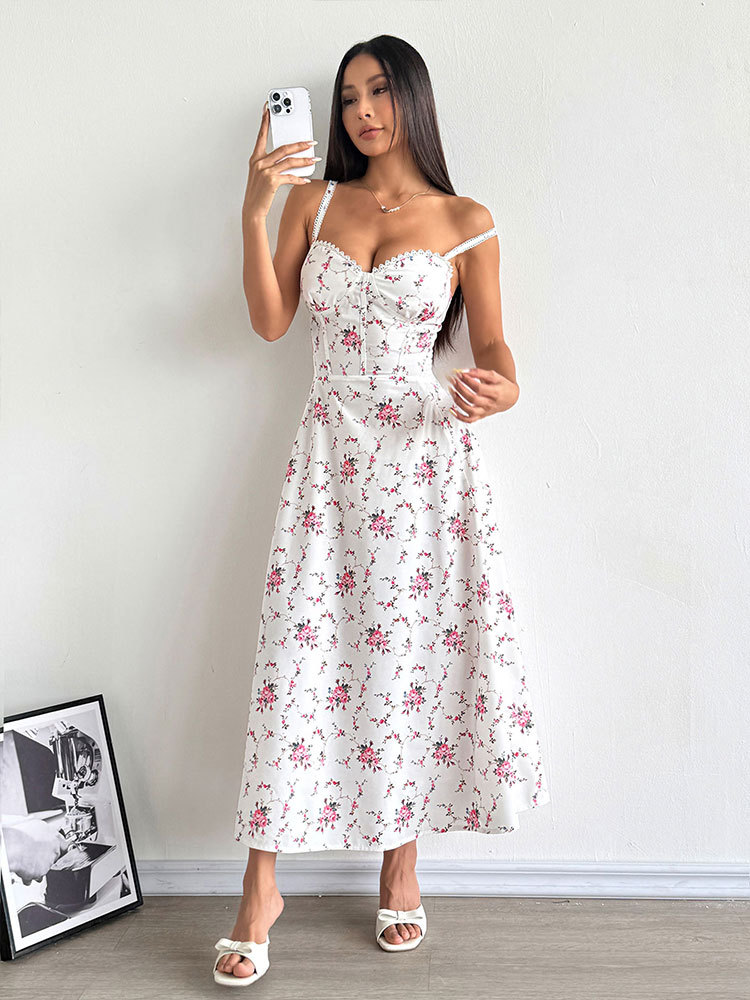 Ladies Patterned V-Neck Bare Shoulder Fitted Maxi Dress