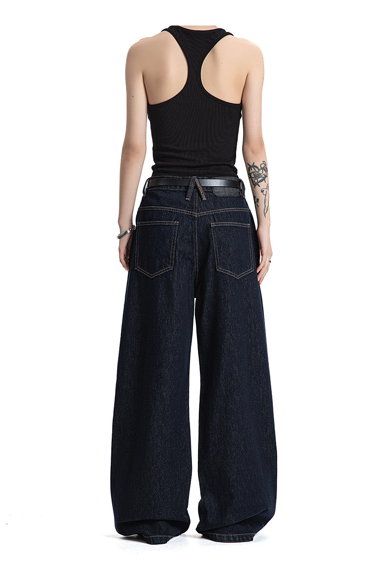 Denim Pants Vintage Wash Straight Commuter Casual Loose A-Line Trousers