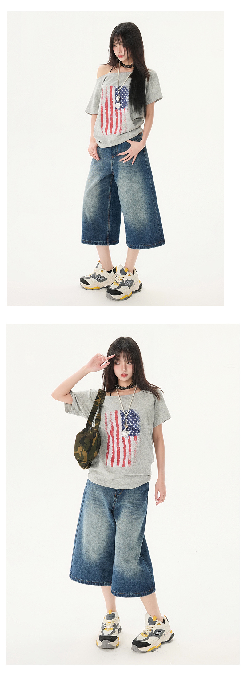 Women's Washed Seven-Quarter Denim Pants Loose Straight Wide-Leg Mid-Length Trousers