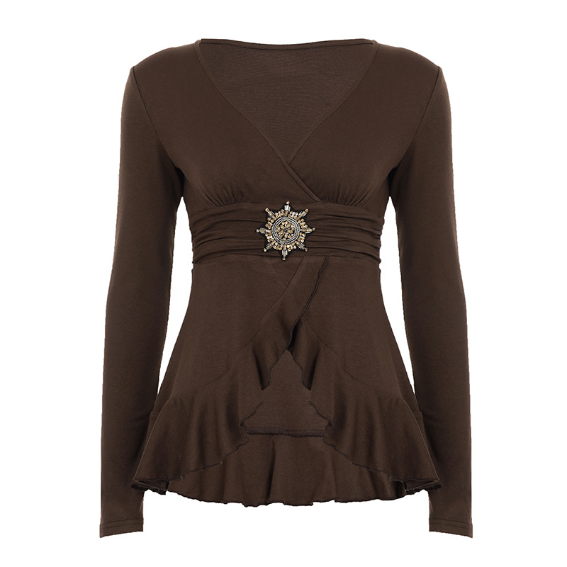 Solid Flounce Long Sleeve Short Tee Metallic Trim