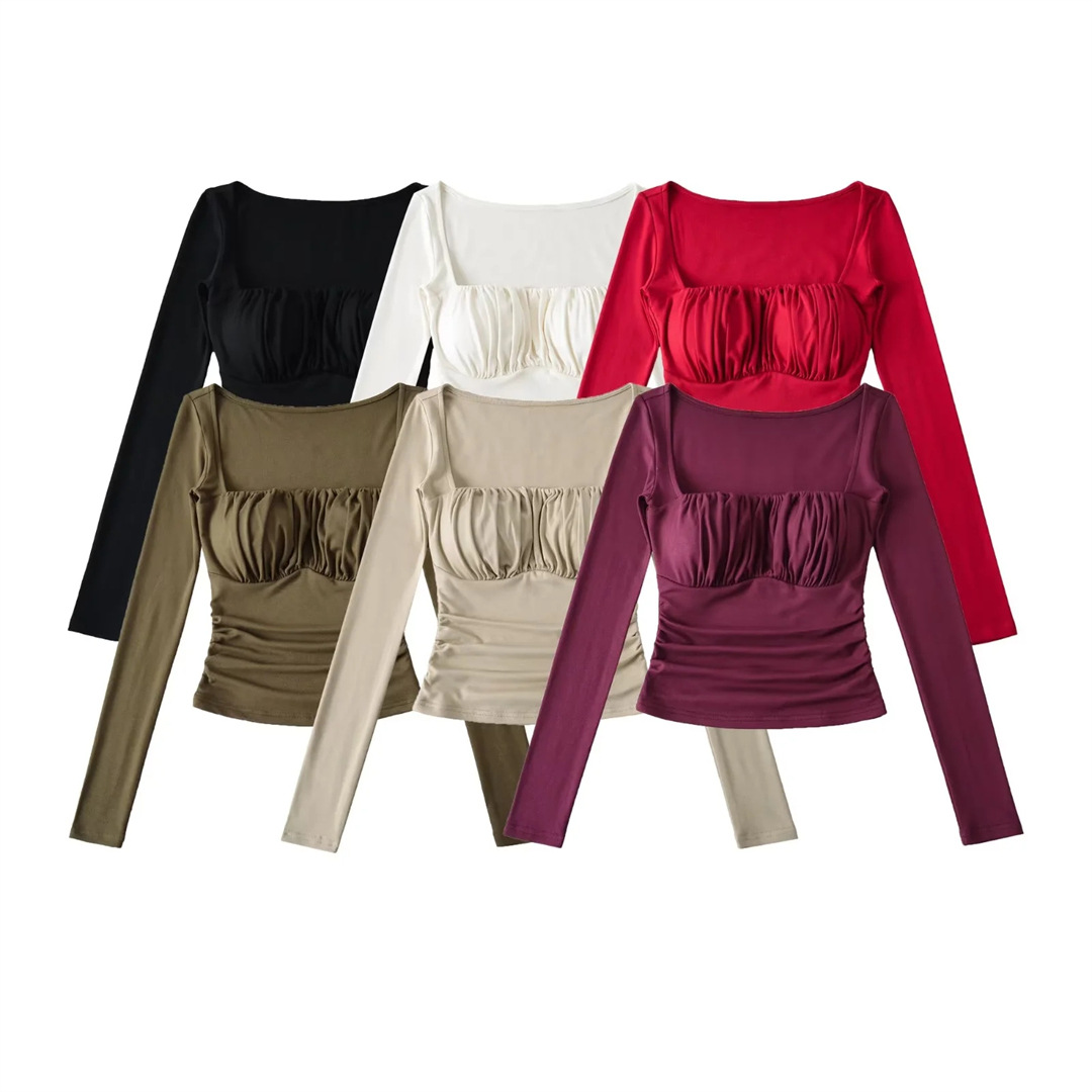 Spicy Wrist-Length Collarbone Cutout Structured Frill Fitted Tee