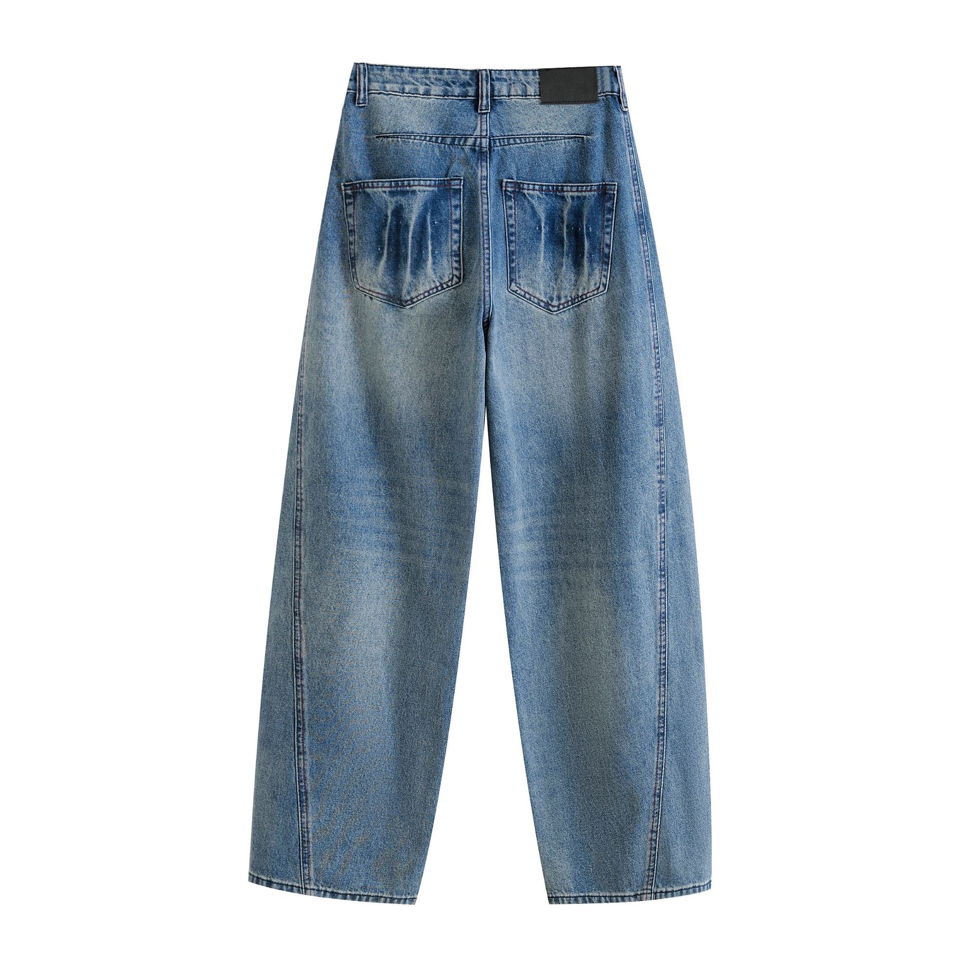 Casual loose slimming high waist wide leg scratch long jeans