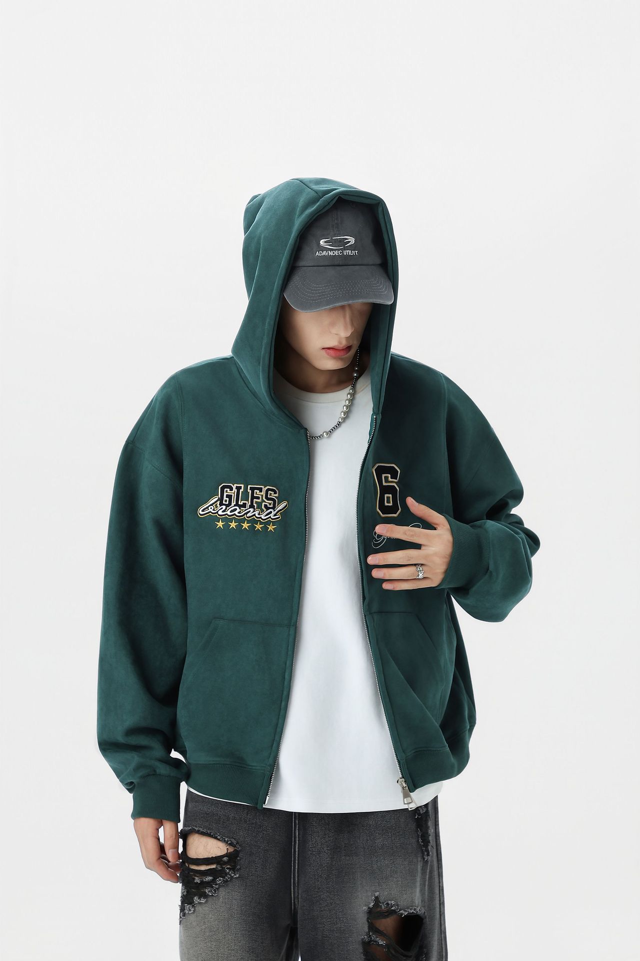 Streetwear Men Oversized Cropped Patterned Hood Zip Sweatshirt