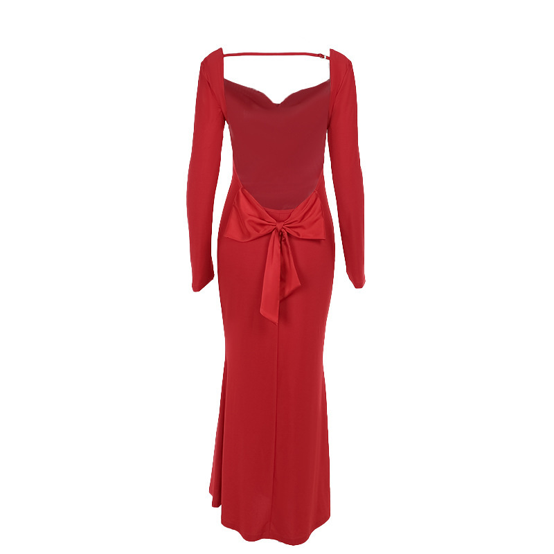 Full Sleeve V-Neck Bow Back Pencil Dress