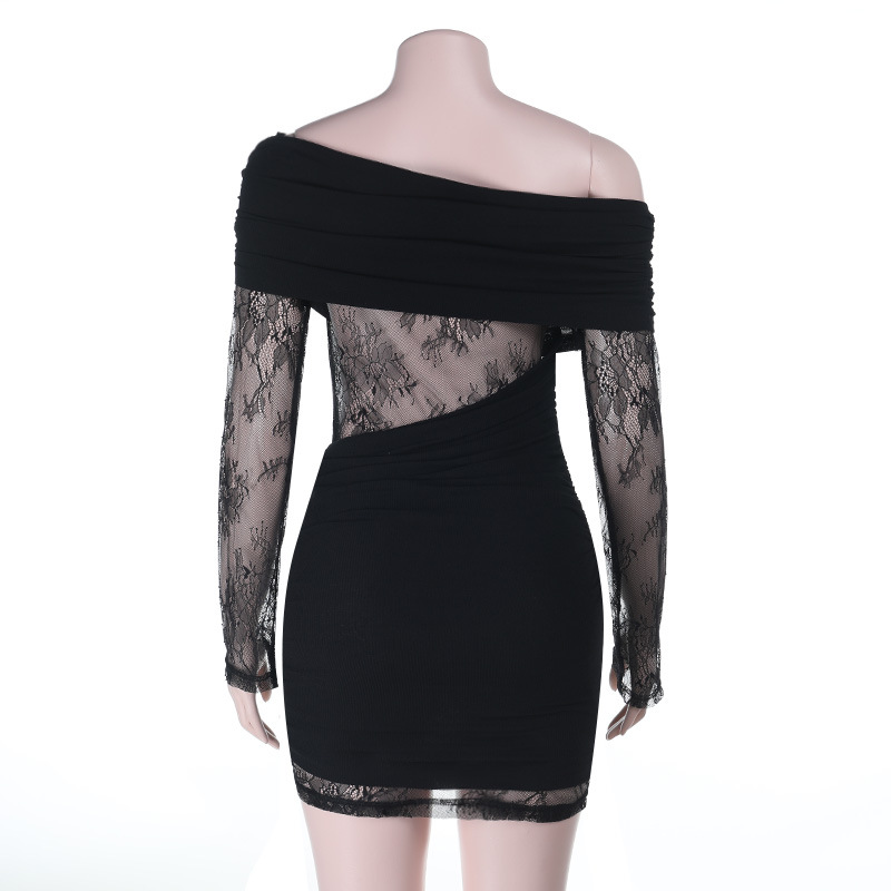 Asymmetric Openwork Paneled Full-Length Sleeve Dress
