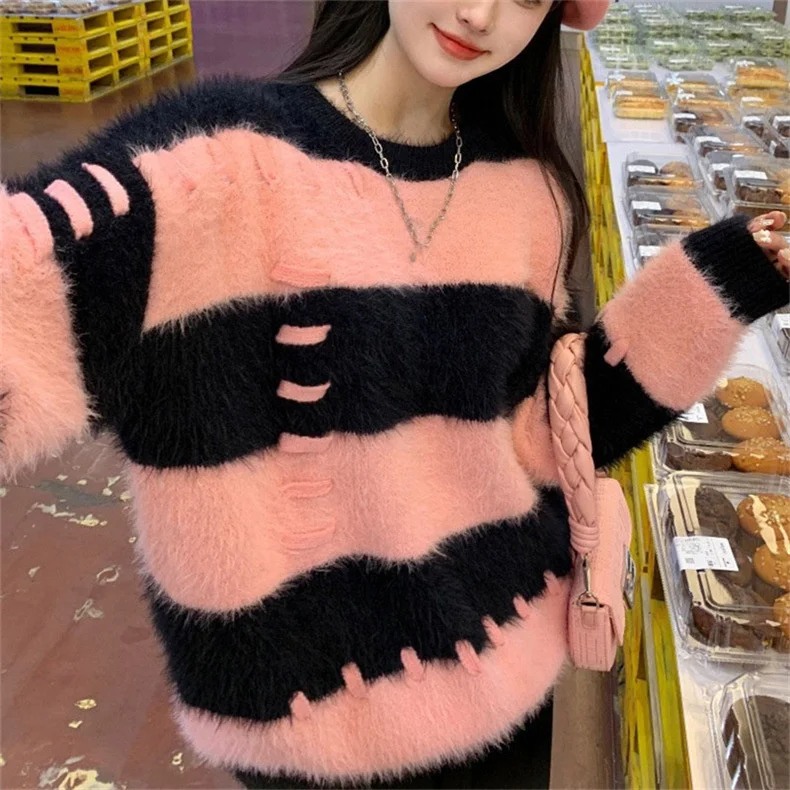 Ladies Fall Two-Tone Oversized Stretch Acrylic Sweater
