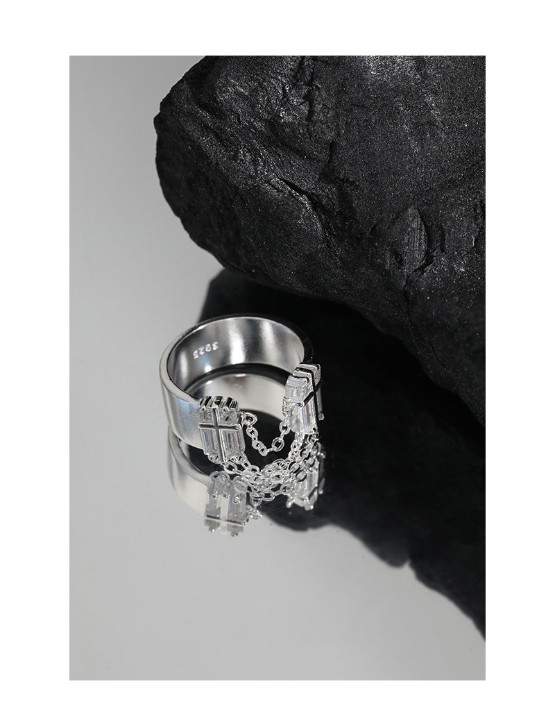 Niche design simple cold style zircon chain tassel texture S925 sterling silver ring for women