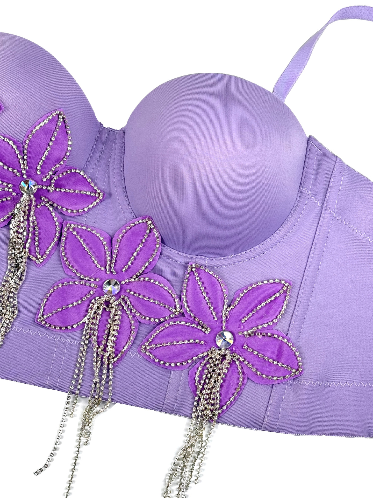 Floral Rhinestone Chain Tassel Boned Bustier Heavy Embroidery Fitted Strapless Camisole Outerwear Sexy Boned Top