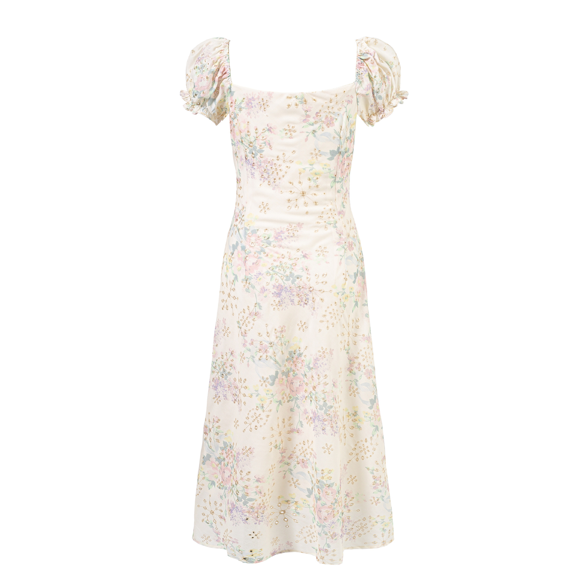Square Neck Printed Waist-Cinched Short Sleeve Dress Long Skirt