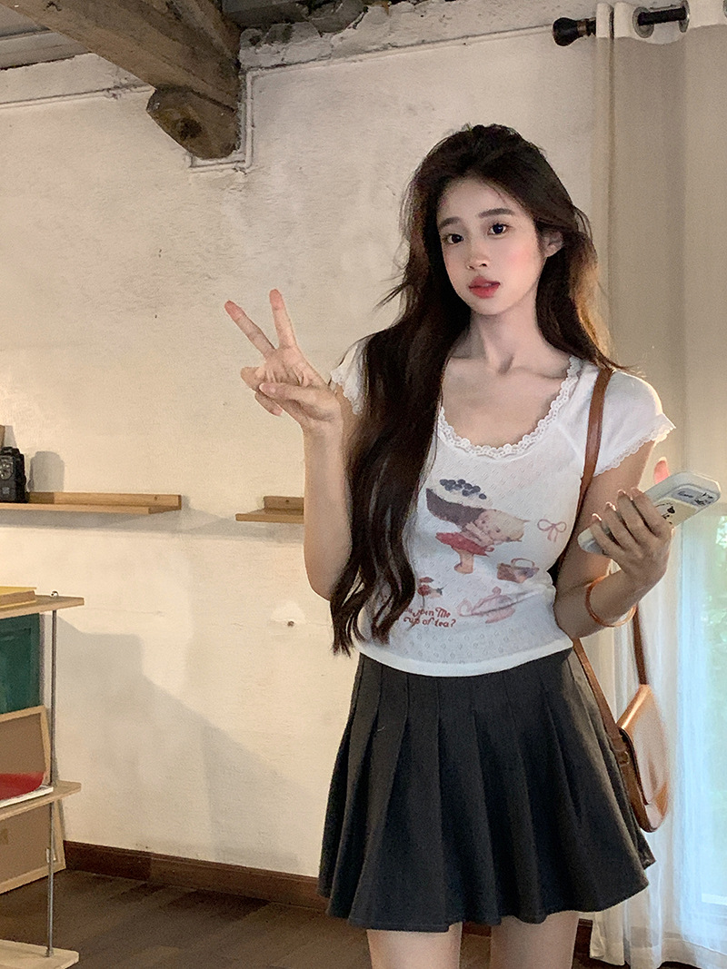 Lace lace slim fit short sleeved T-shirt
