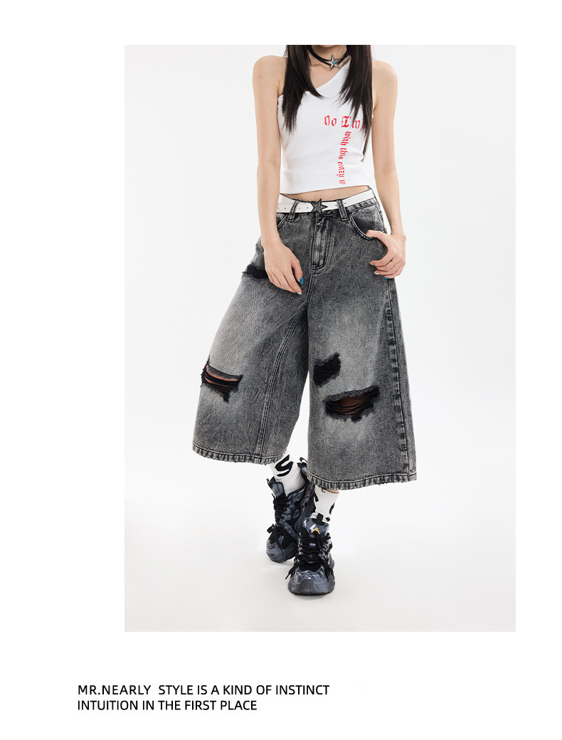 Black Gray Hole Seven-Point Denim Pants Women Vintage Wide-Leg Straight Leg Pants High Street Trendy