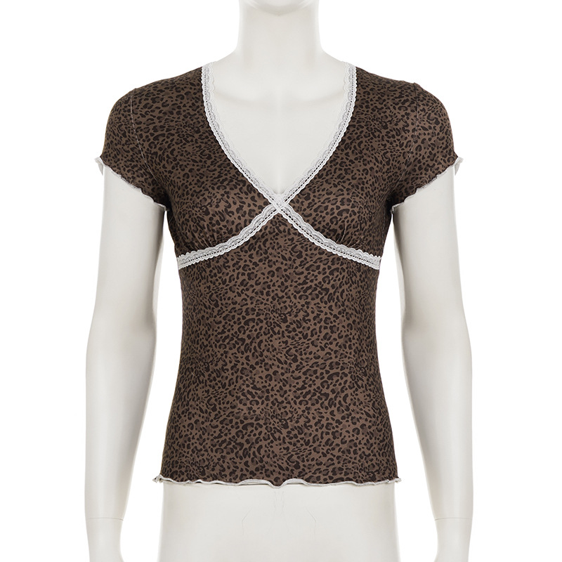Vintage Leopard Lace Trim V-Neck Short Sleeve T-Shirt Elegant Close-Fit Crop Top