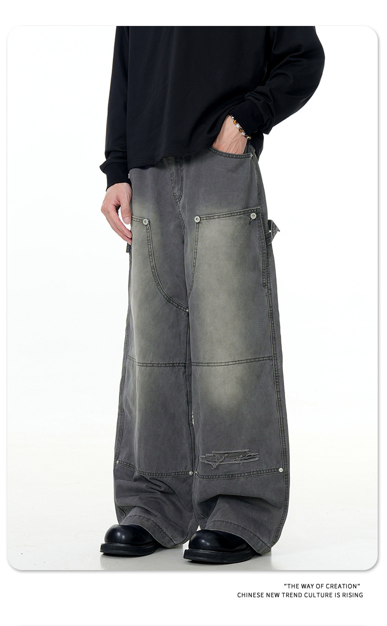 Carpenter Work Pants for Men and Women Vintage Washed Distressed Riveted Denim Loose Straight Leg Long Trousers