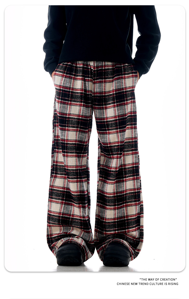 Block Red Plaid Drawstring Straight Casual Pants Unisex Pure Cotton Lazy Style Slimming Long Trousers
