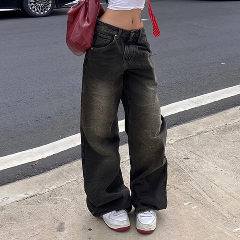 Retro high waisted loose washable street style minimalist straight leg casual pants