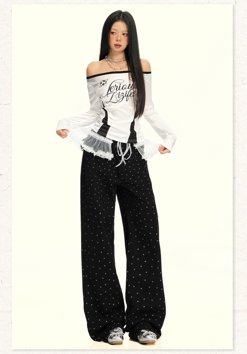 Women's Black and White Polka Dot Slimming Loose Straight Jeans High Waist Wide Leg Pants
