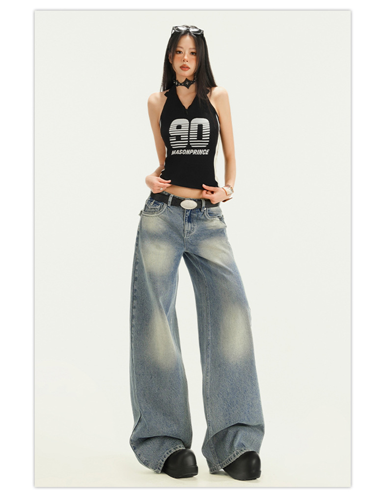 Gradient Washed Denim Pants for Women Vibe Retro Loose Straight Leg Wide Leg Pants