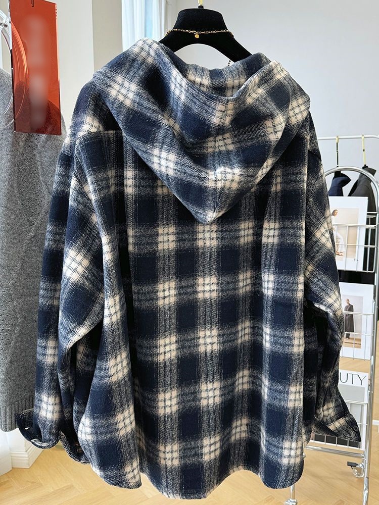 Ladies Oversized Checkered Cotton Blend Hoodie