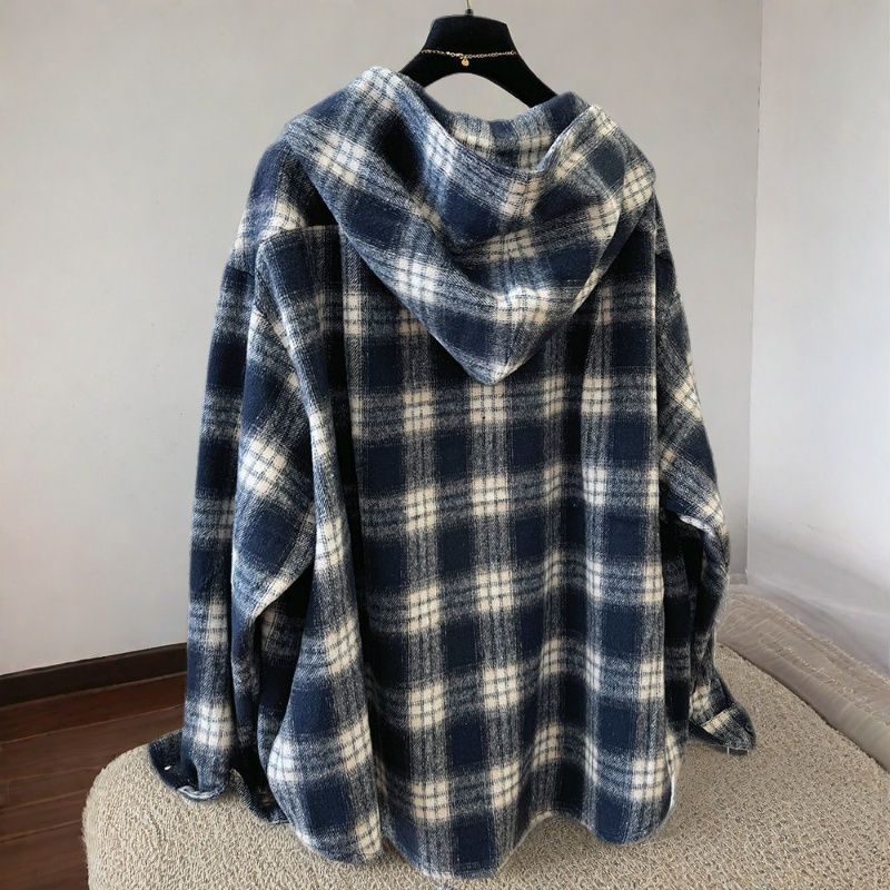 Ladies Oversized Checkered Cotton Blend Hoodie