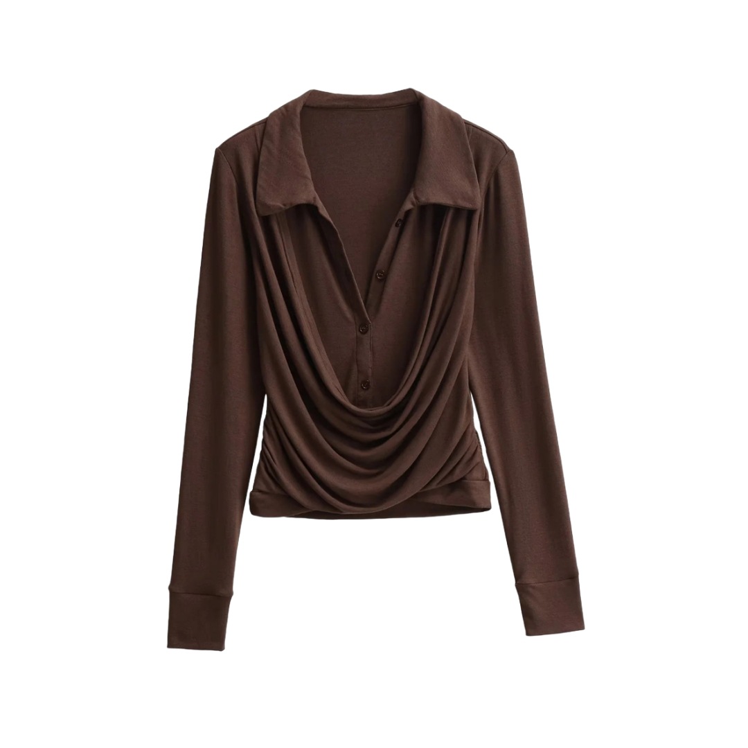 Plain Full-Arm Dropped-Neck Frill Double-Layer Slim-Fit Cropped Tee