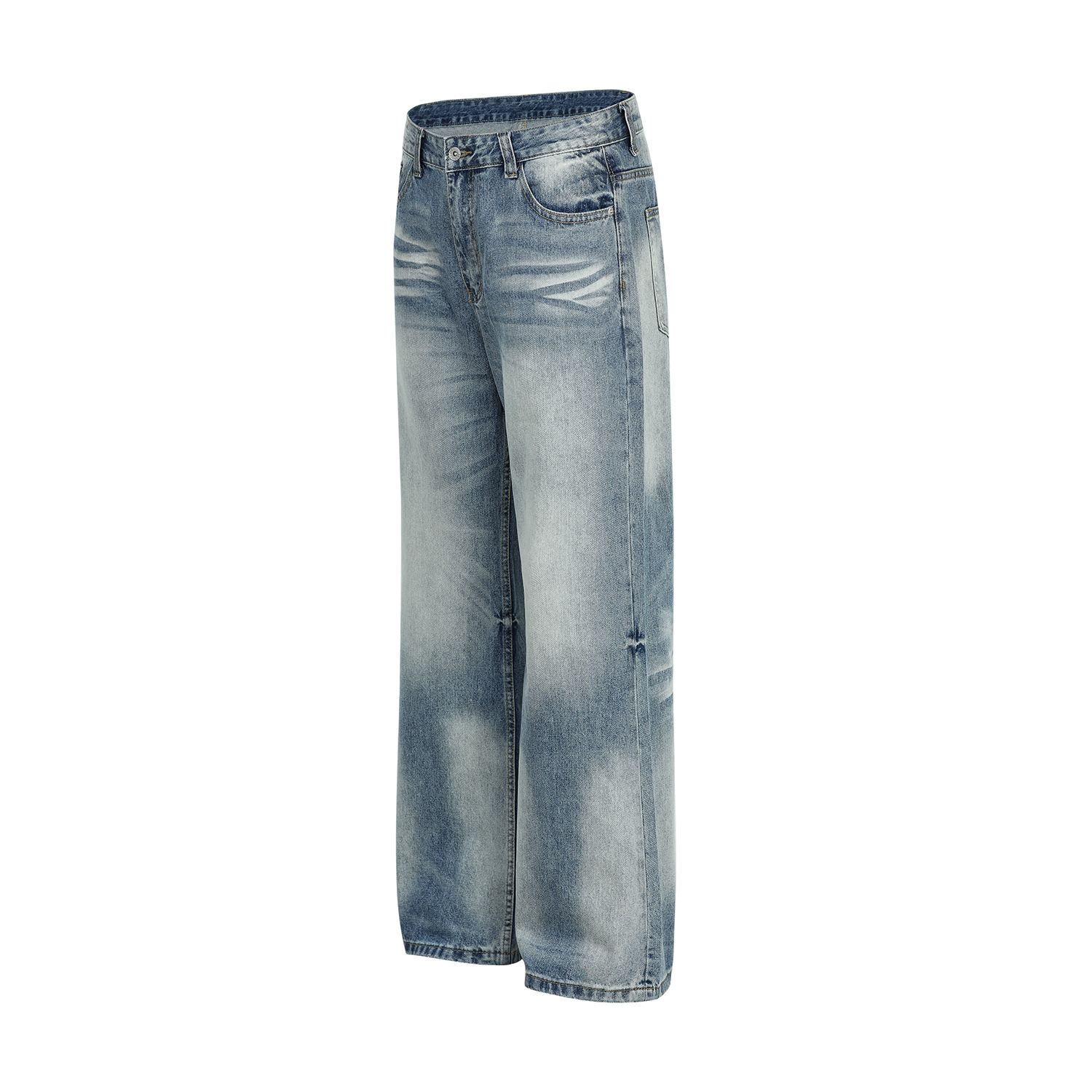 Vintage Street Cat-Whisker Pattern Loose Fit Men's Washed Blue Flared Jeans