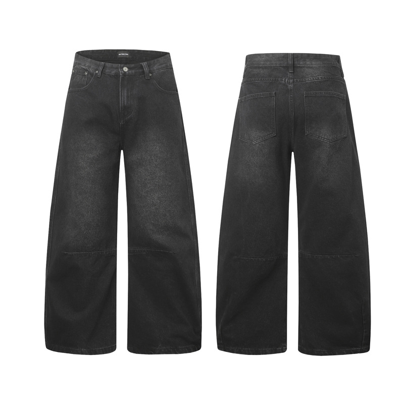 Street Casual Versatile Retro Pleated Washed Distressed Oversized Denim Pants Clean Fit Unisex Wide Leg Tapered Jeans