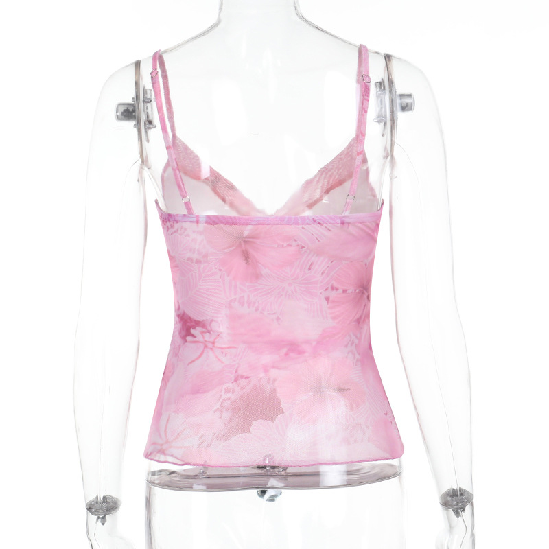 Patterned Chiffon Tank Scalloped Trim Belted Overlay