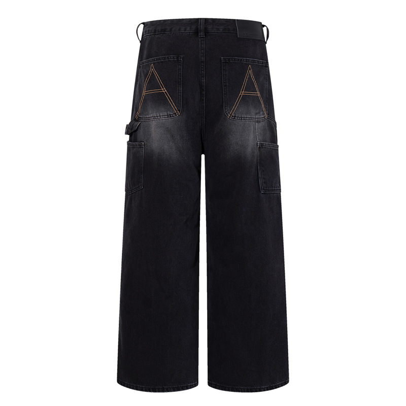 Loose Washed Multi-Pocket Straight Leg Wide Leg Jeans Unisex Loose Versatile Drapey Long Pants