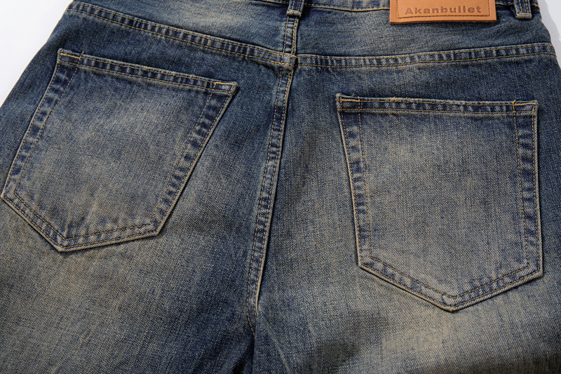 Washed Cat-Whisker Yellow Mud-Dyed Knife-Edge Jeans Women Cleanfit Washed Ripped Versatile Slightly Flared Pants