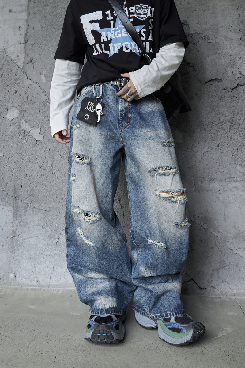 Vintage Personality Design Ripped Streetwear Loose Fit Jeans Men Hip Hop Distressed Wide Leg Long Pants