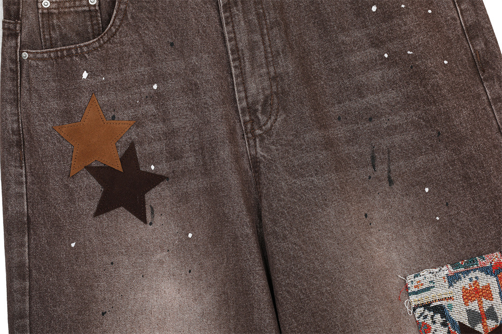 Streetwear Men's Denim Pants with Patchwork, Distressed Bleached Finish, Trendy Loose Fit, Wide Leg Style, Long Trousers