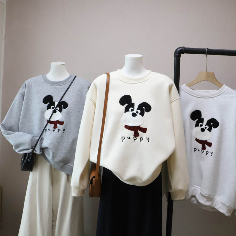 Casual Cartoon Embroidered Fleece Lined Thick Hoodie for Women Round Neck