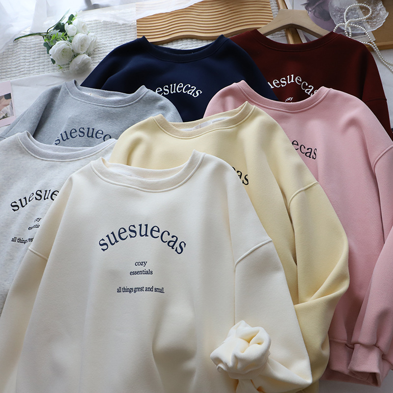 Casual Loose Fleece Lined Hoodie with Letter Print Round Neck Style Women's Sweatshirt