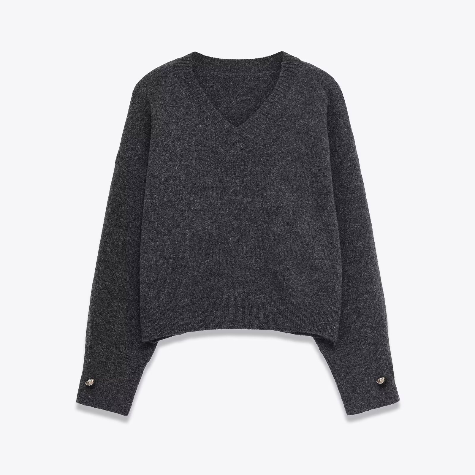 Plain Polyester Plunge Long Sleeve Sweater