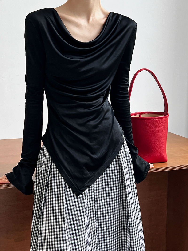 Women Slim Solid Cowl Neck Elongated Sleeve Tee