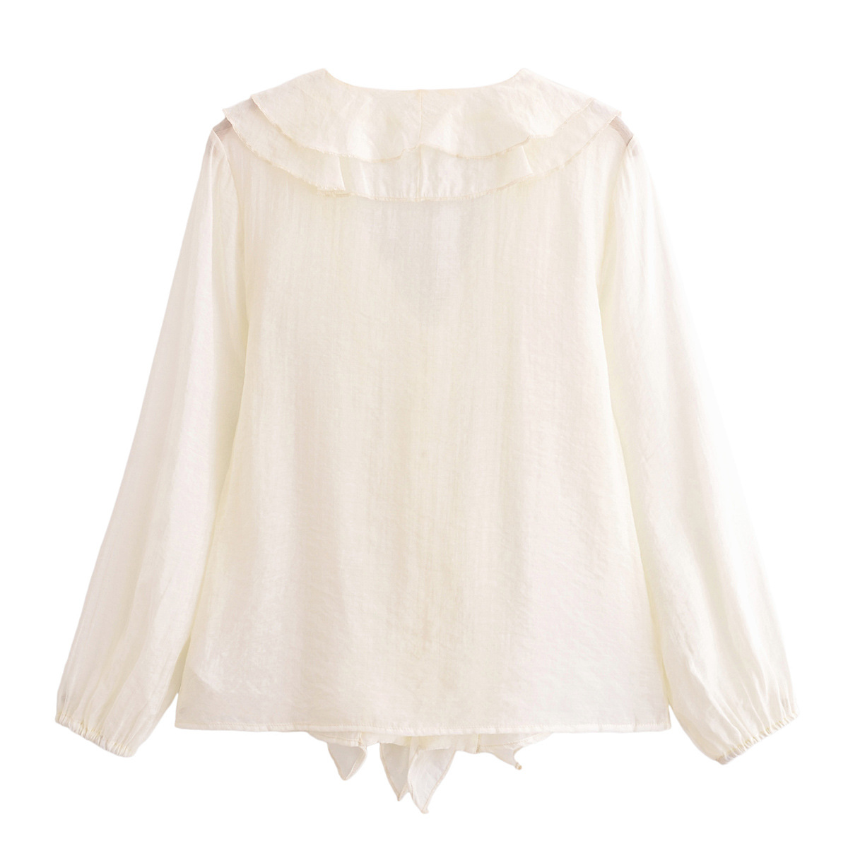 Modern Frill Trim Plunging Neckline Long Sleeve Shirt
