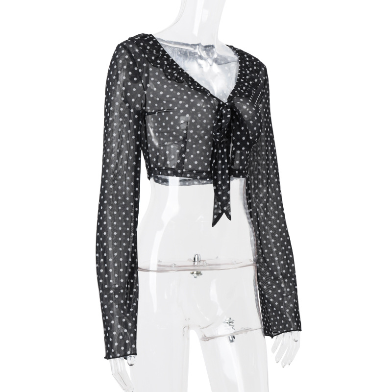 European and American Women's Fashion Sexy Transparent Polka Dot Print Long Sleeve Elegant Versatile Top