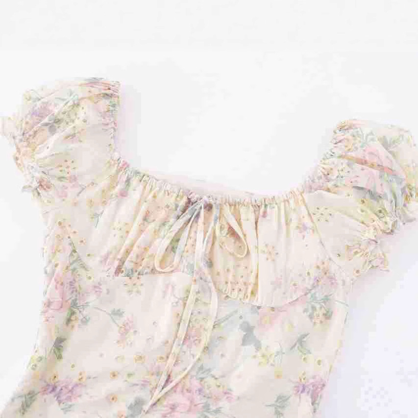 Square Neck Printed Waist-Cinched Short Sleeve Dress Long Skirt
